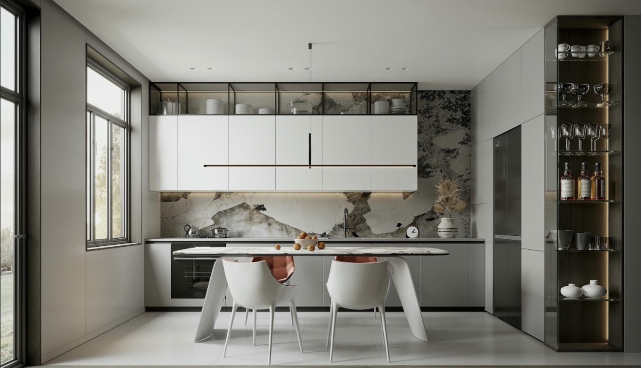 Tủ bếp có tủ rượu ngăn kính