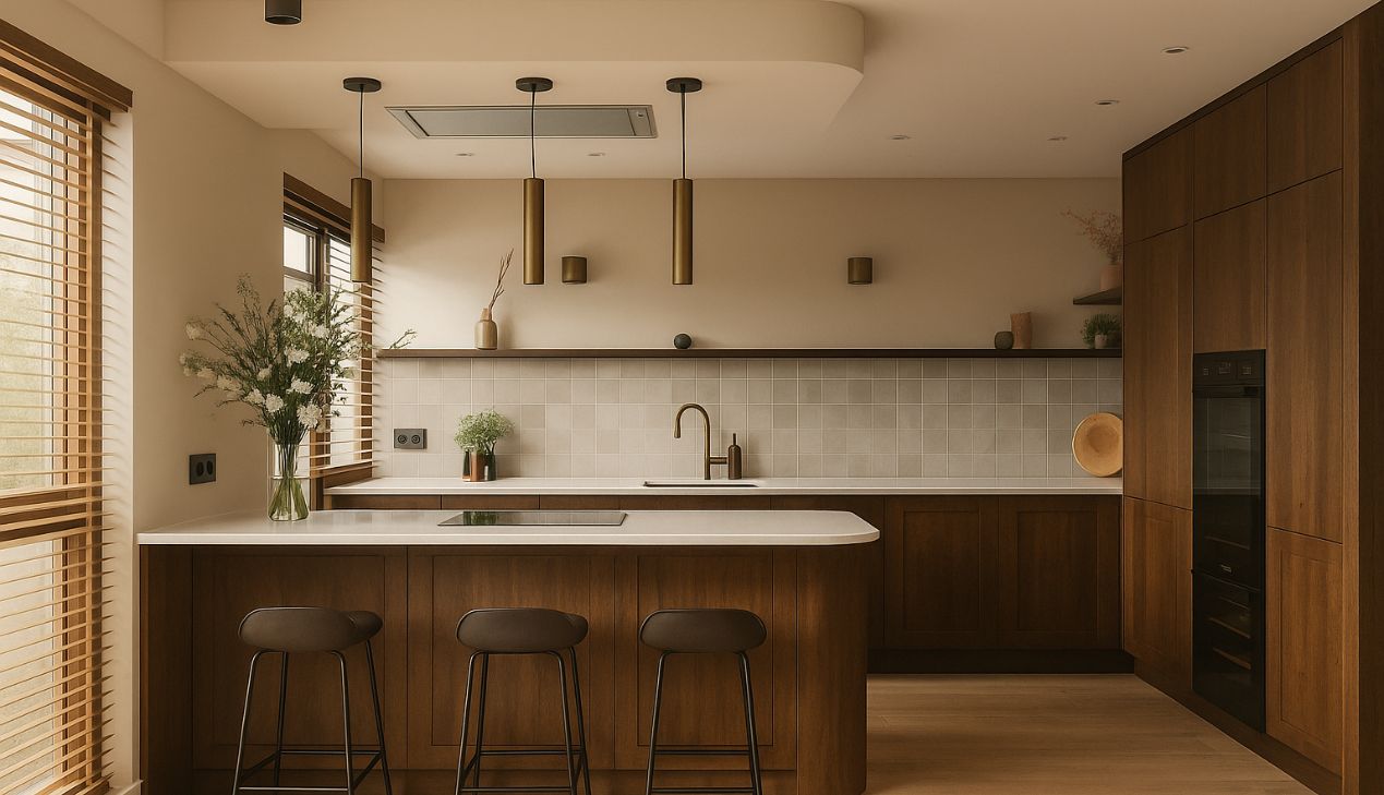 Tủ bếp gắn liền quầy bar chữ U 