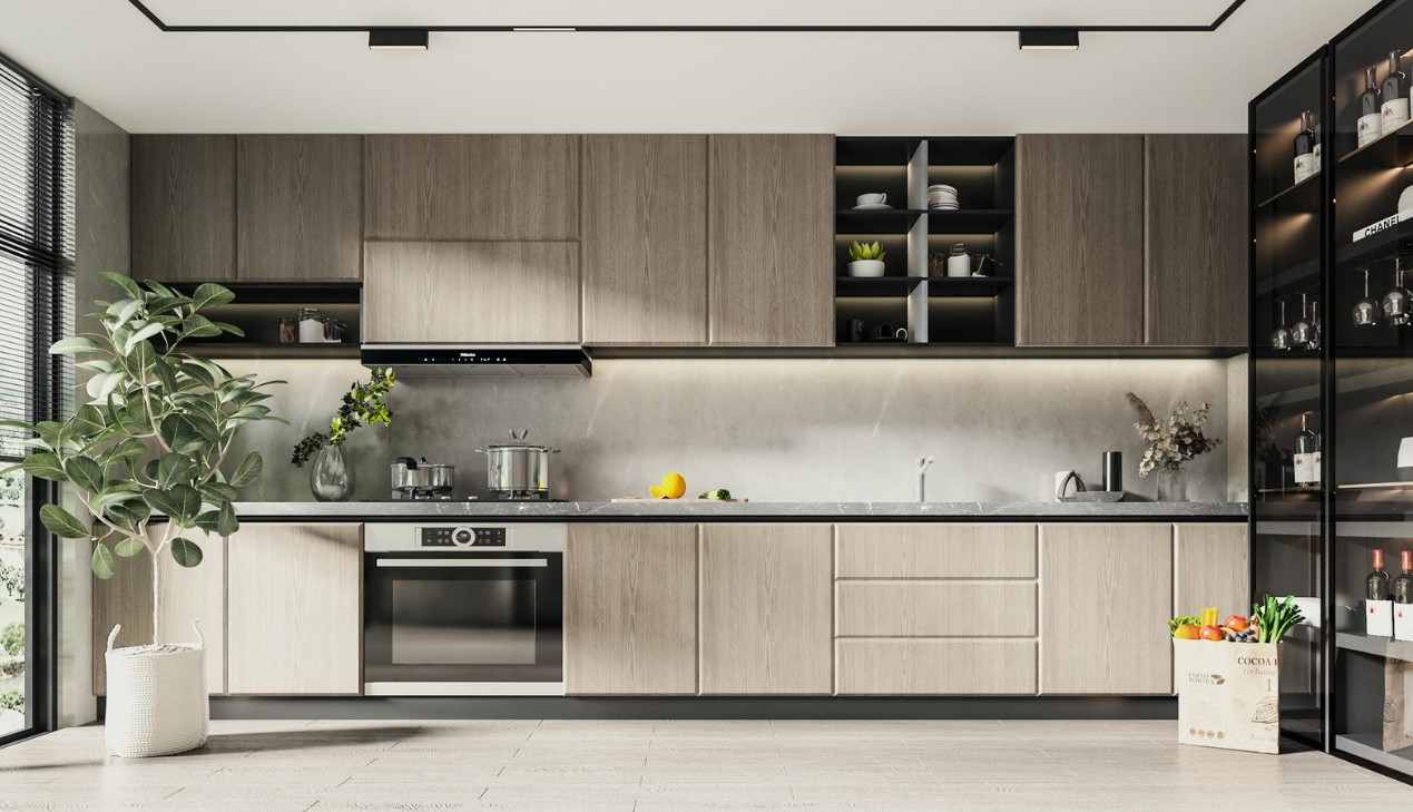 Tủ bếp gỗ công nghiệp chữ I melamine