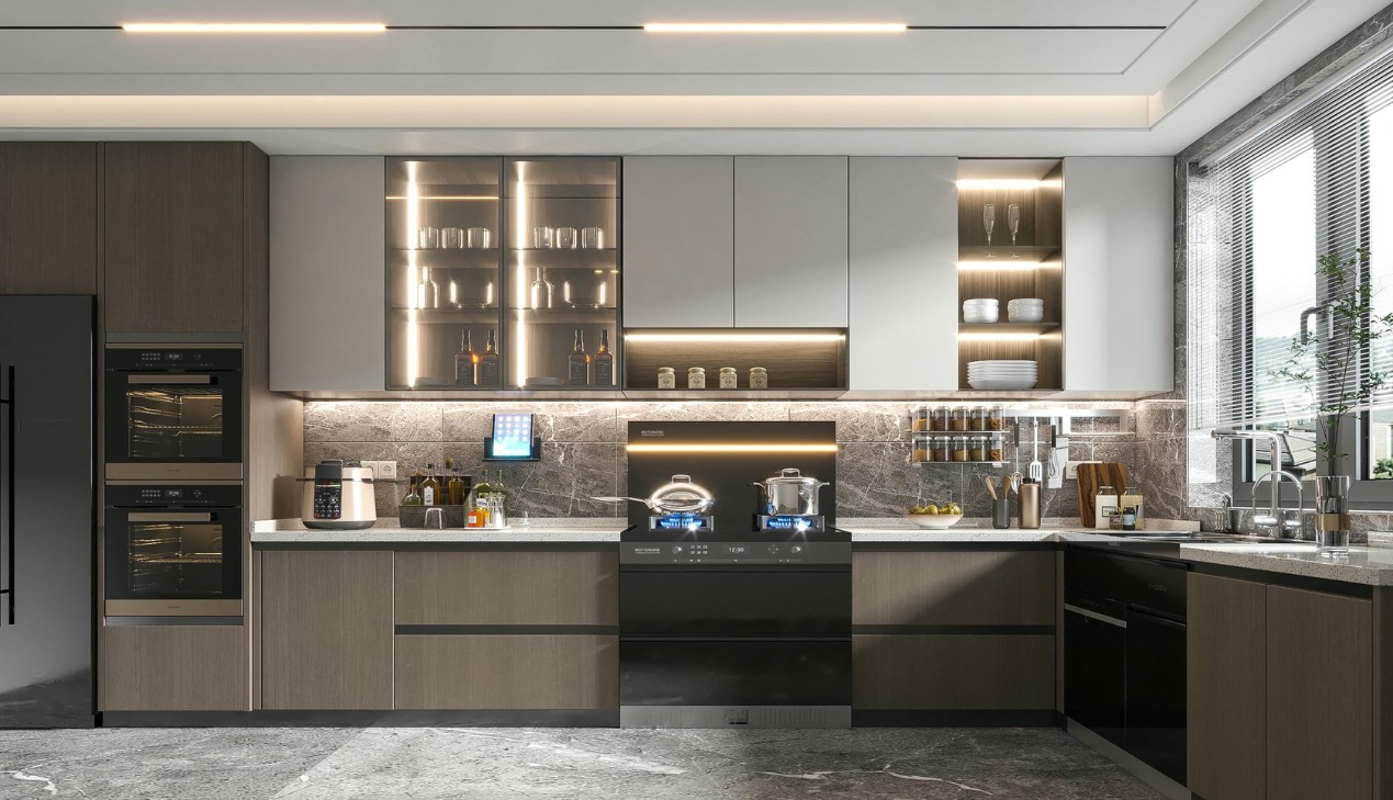 Tủ bếp gỗ công nghiệp chữ L melamine