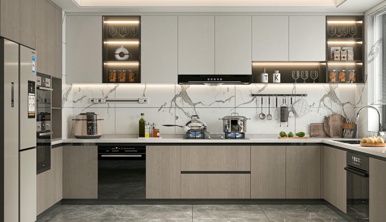 Tủ bếp gỗ công nghiệp chữ U melamine
