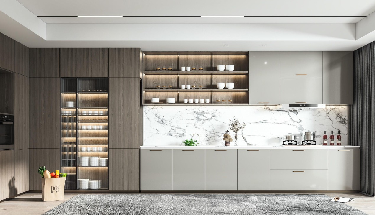 Tủ bếp gỗ công nghiệp melamine kết hợp acrylic