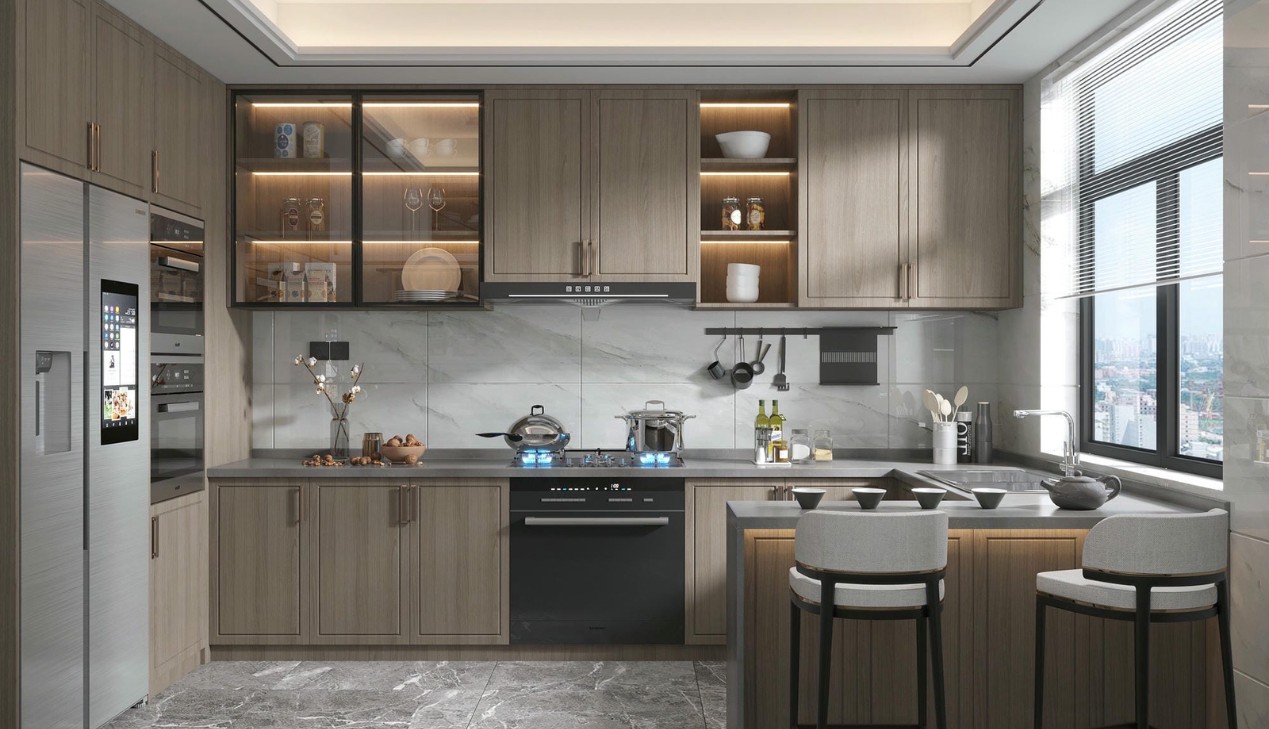 Tủ bếp gỗ công nghiệp melamine phong cách tối giản