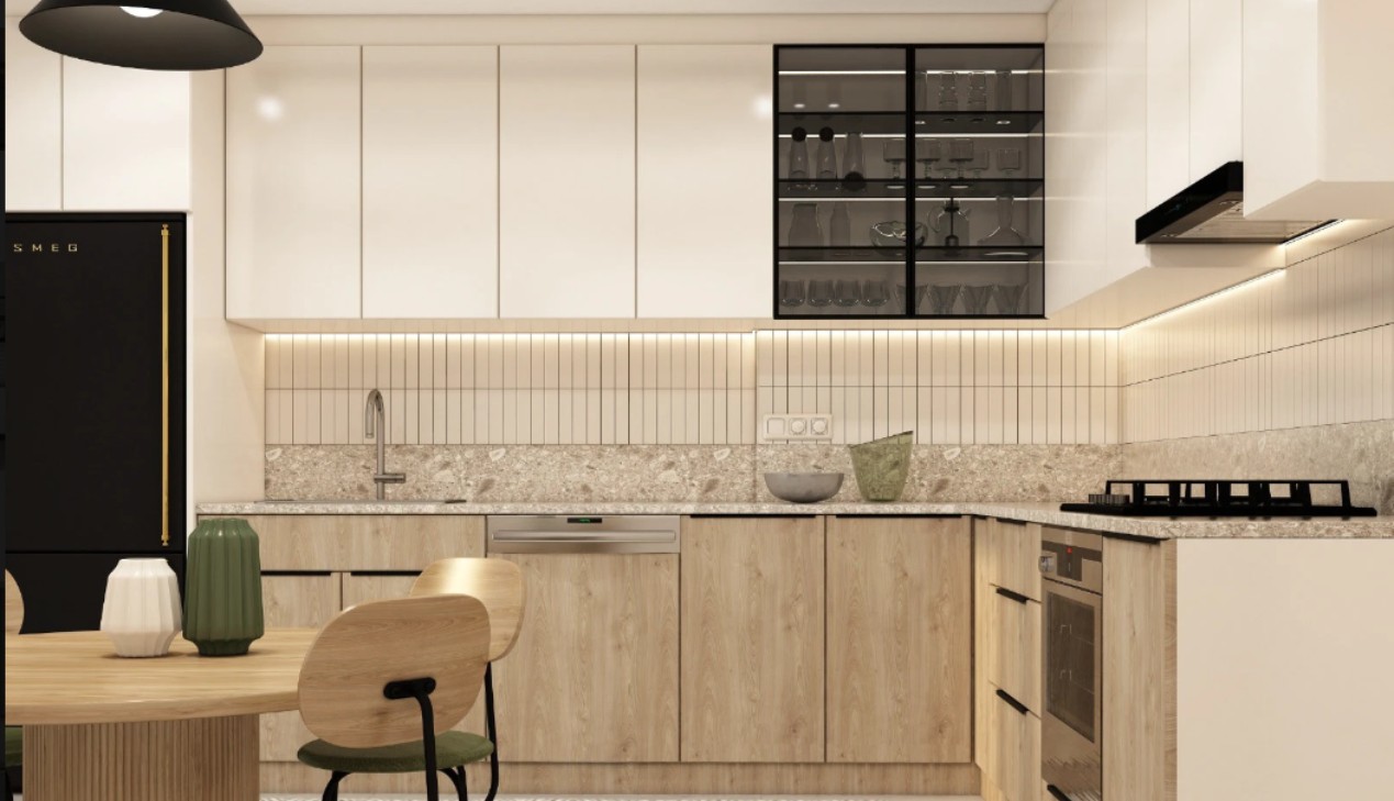 Tủ bếp gỗ veneer kết hợp acrylic Tủ bếp gỗ veneer kết hợp acrylic
