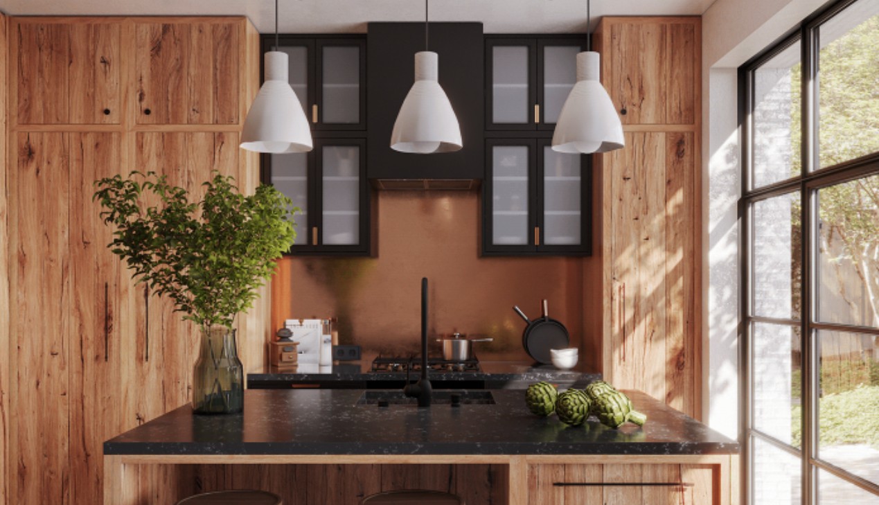 Tủ bếp gỗ veneer kết hợp mặt đá Tủ bếp gỗ veneer kết hợp mặt đá