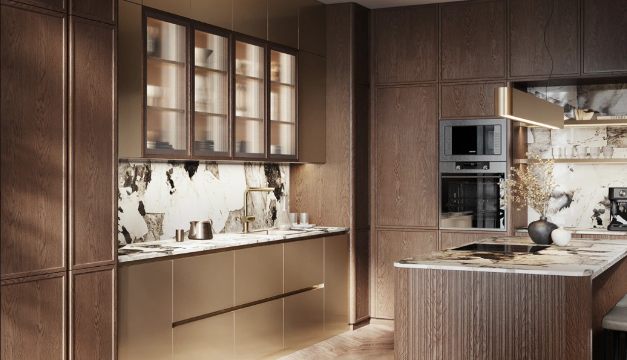 Tủ bếp gỗ veneer màu gỗ óc chó Tủ bếp gỗ veneer màu gỗ óc chó