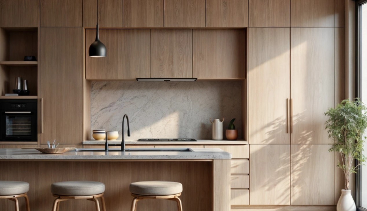 Tủ bếp gỗ veneer màu sáng Tủ bếp gỗ veneer màu sáng