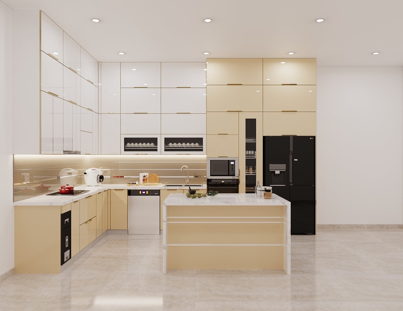 Tủ bếp inox acrylic có đảo bếp