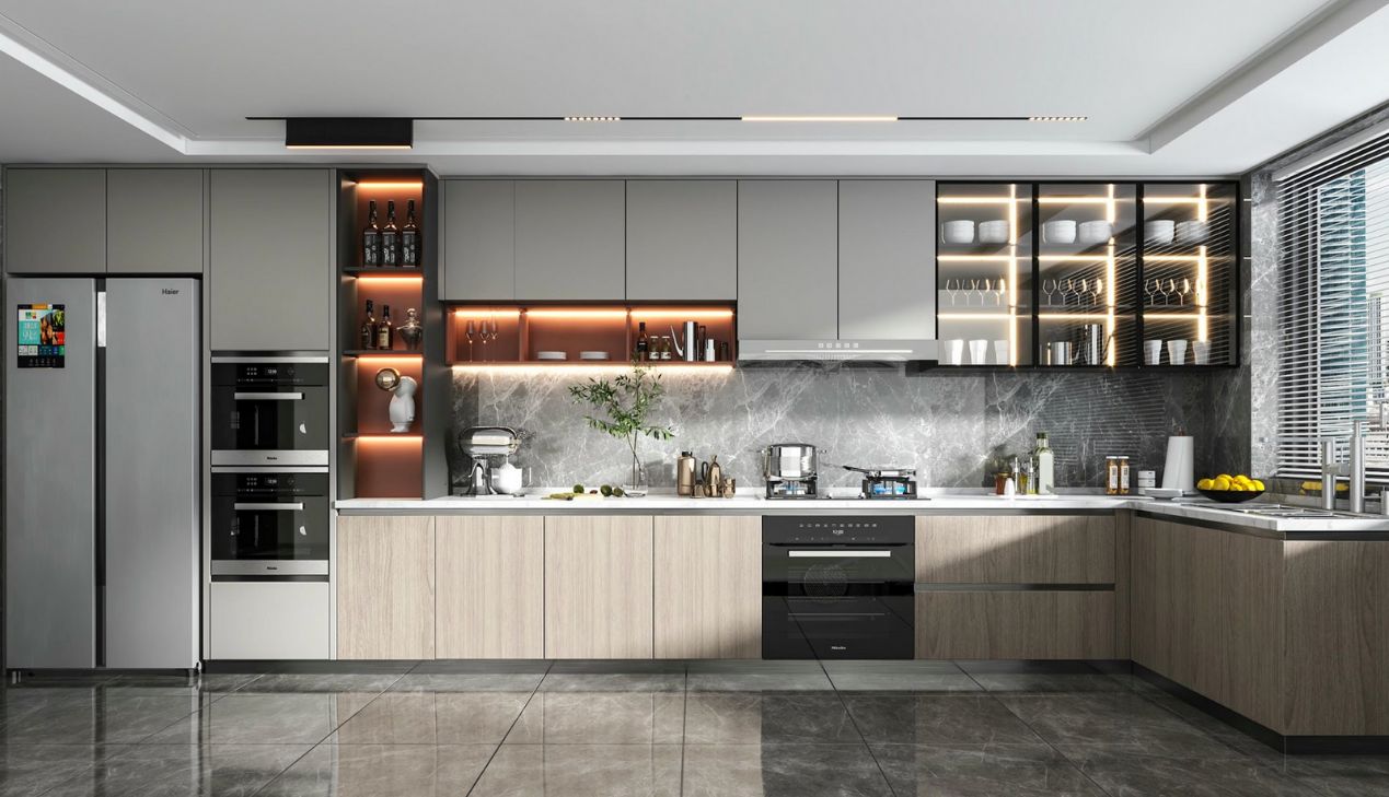 Tủ bếp inox cánh gỗ hiện đại