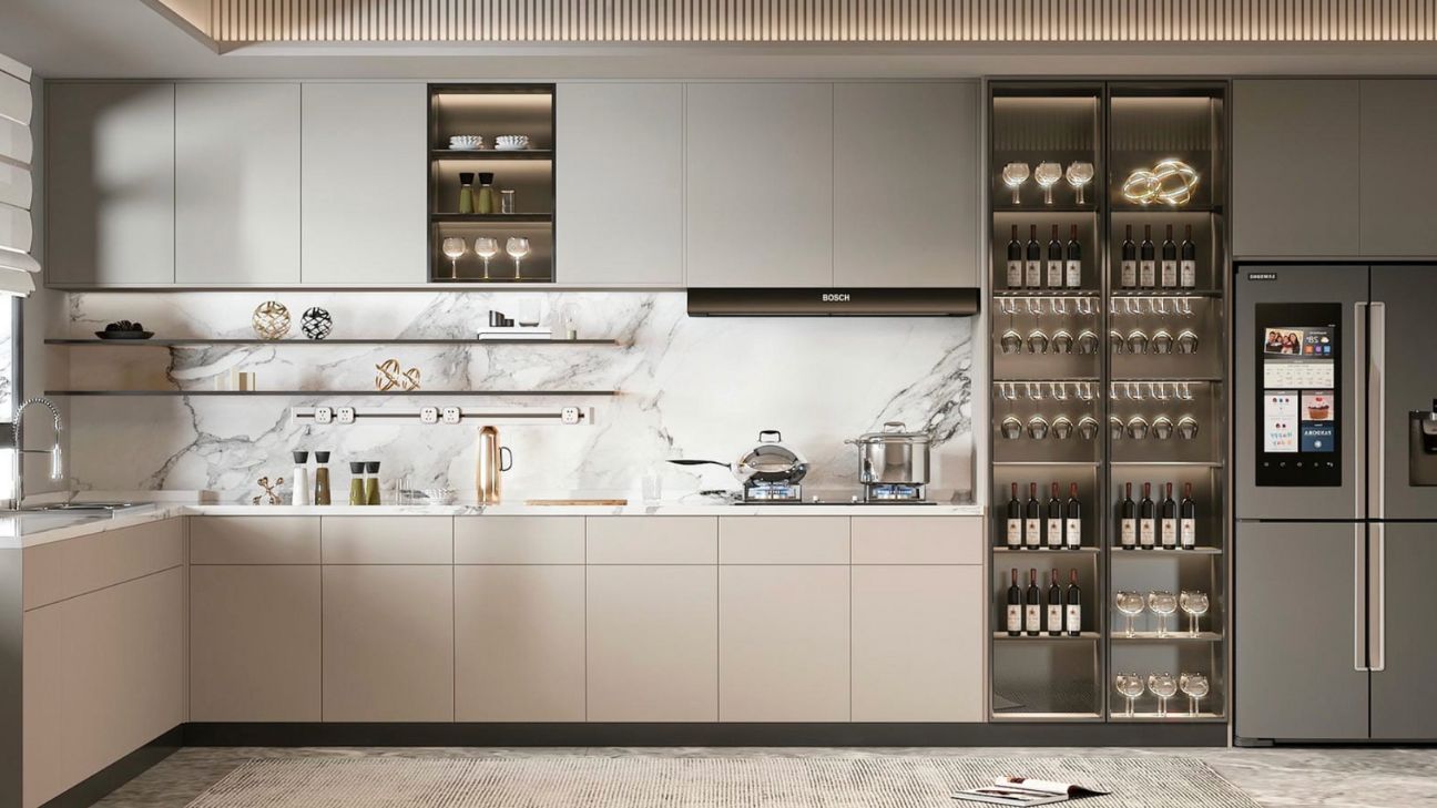 Tủ bếp inox cánh kính trắng tinh khôi