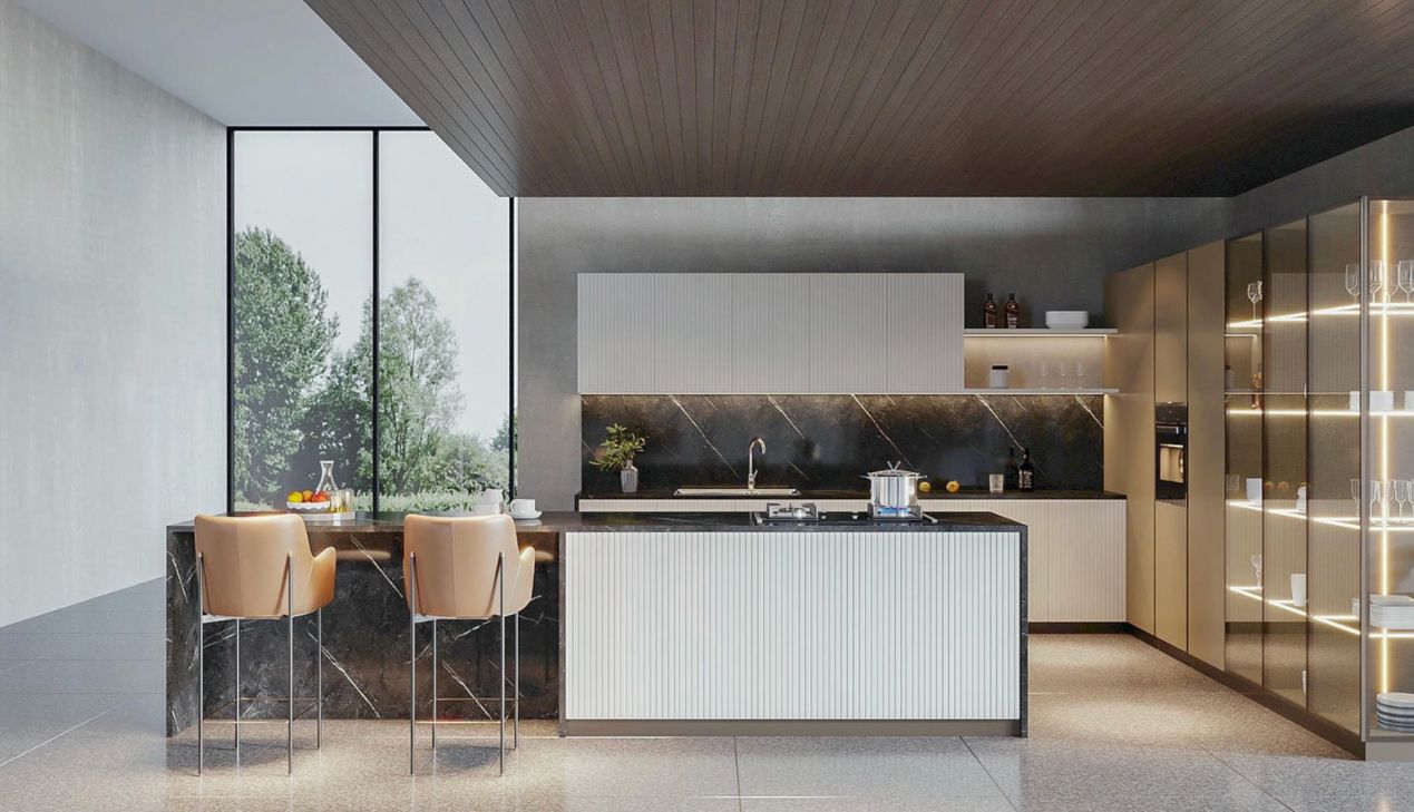 Tủ bếp inox gỗ óc chó