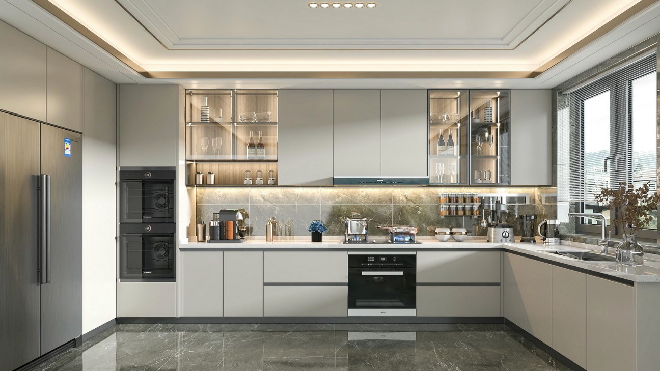Tủ bếp inox kính chữ U rộng rãi