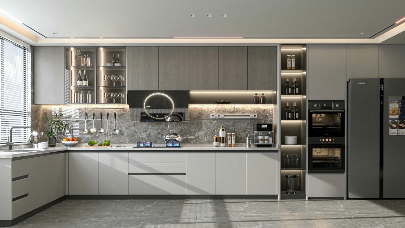 Tủ bếp inox kính có tay nắm ẩn