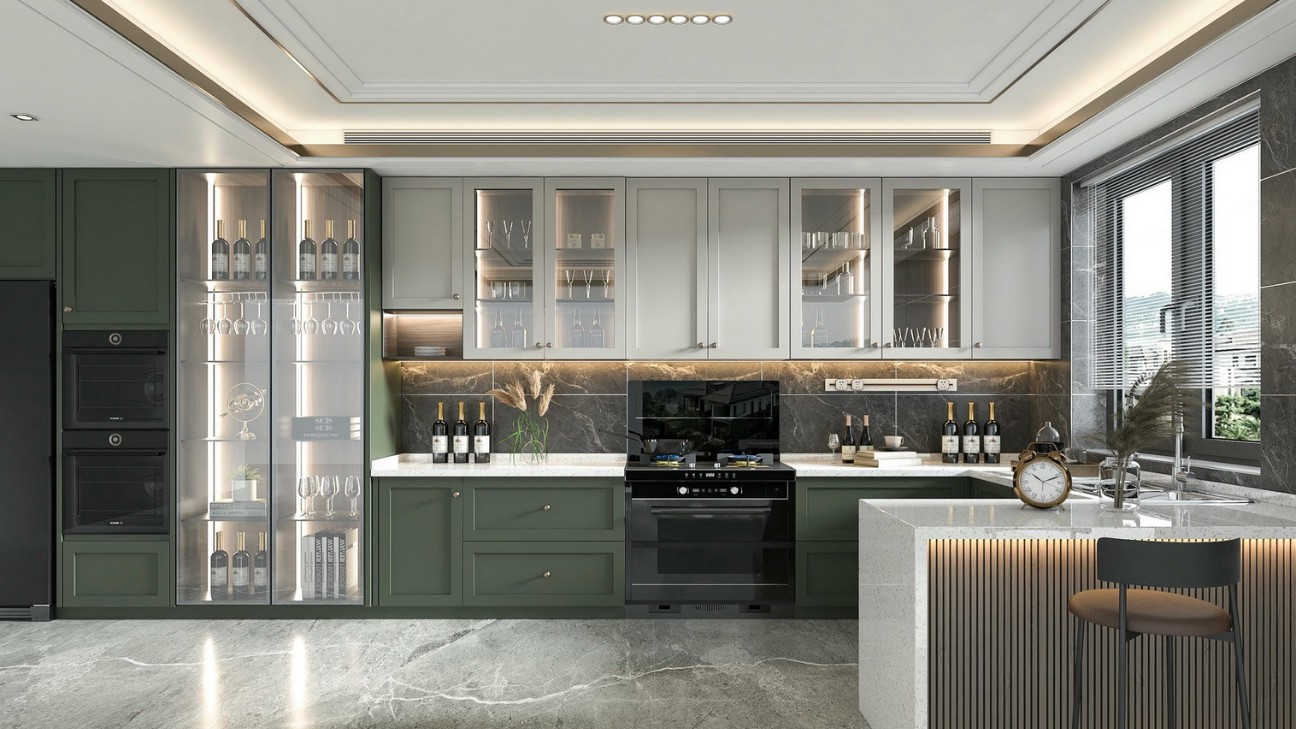 Tủ bếp inox kính màu xanh điểm nhấn ấn tượng