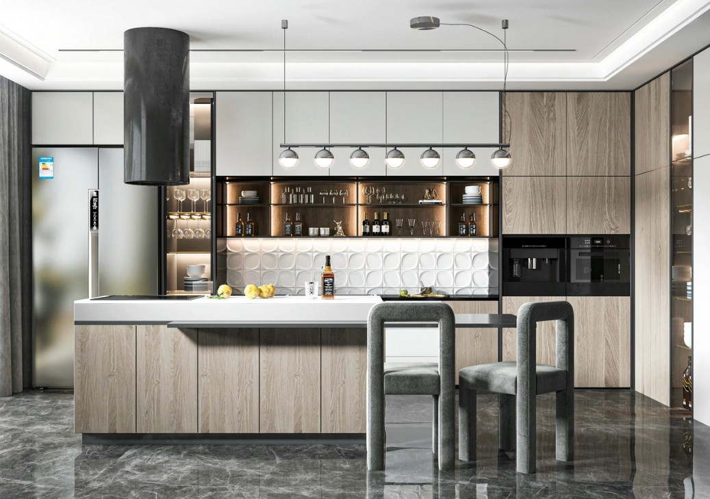 Tủ bếp inox kính phối màu sáng tạo và hài hòa