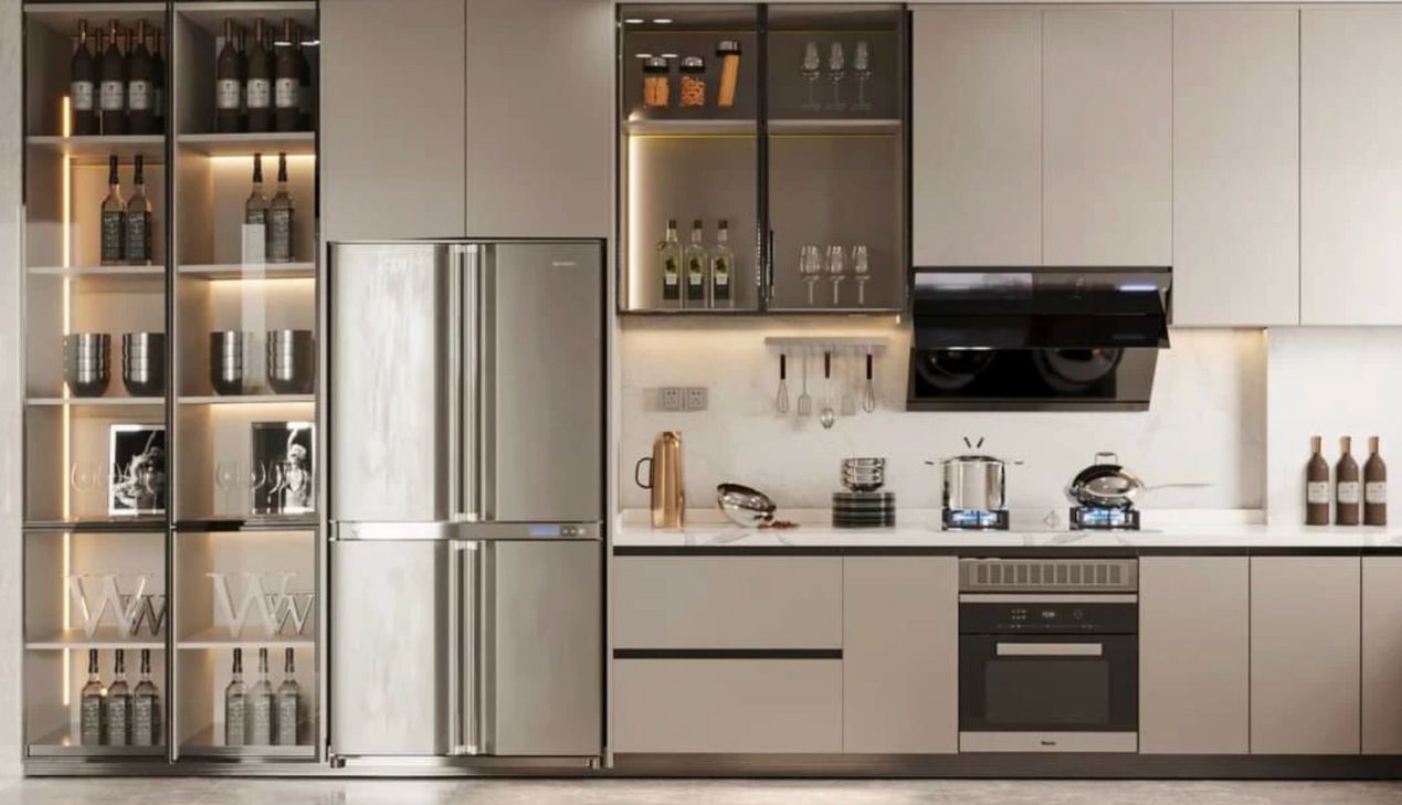 Tủ bếp khung inox cánh gỗ laminate