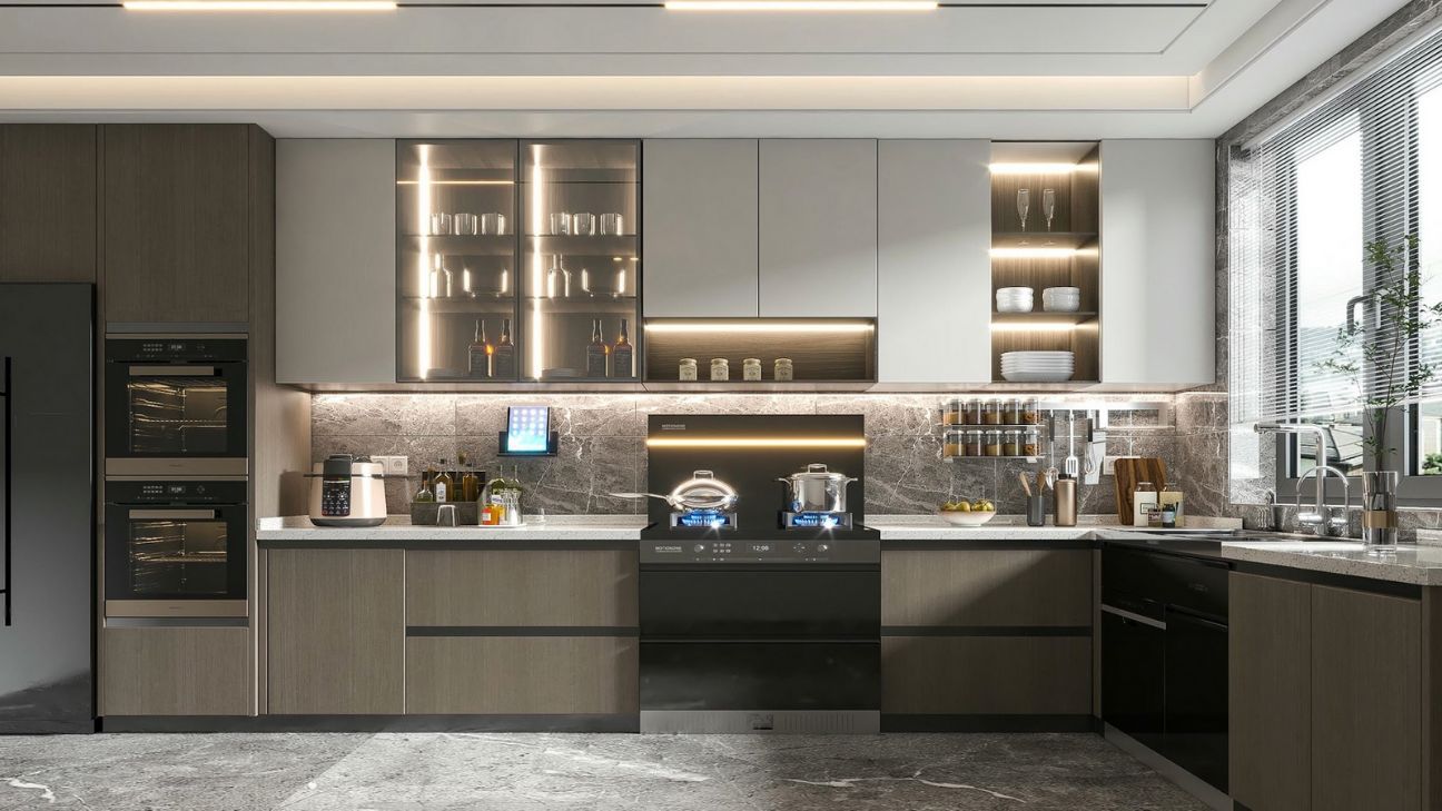 Tủ bếp khung inox cánh kính có LED ấm áp
