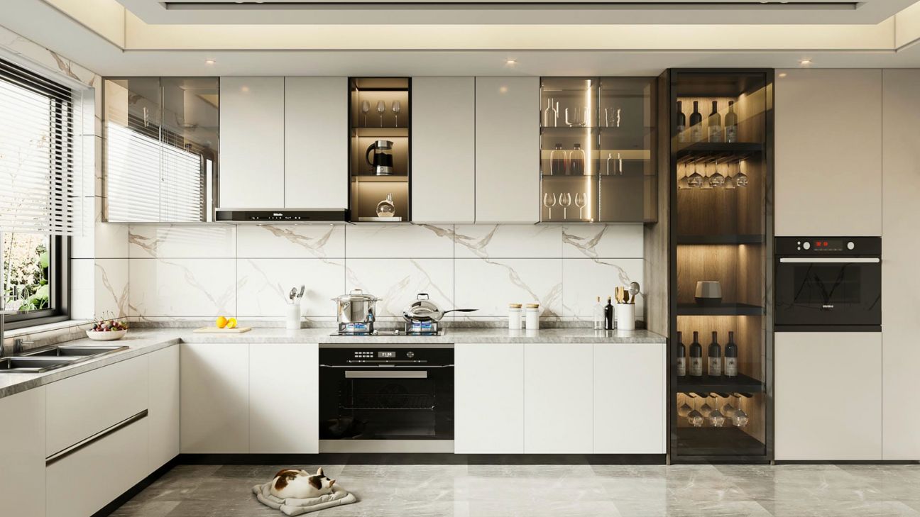 Tủ bếp khung inox cánh kính premium