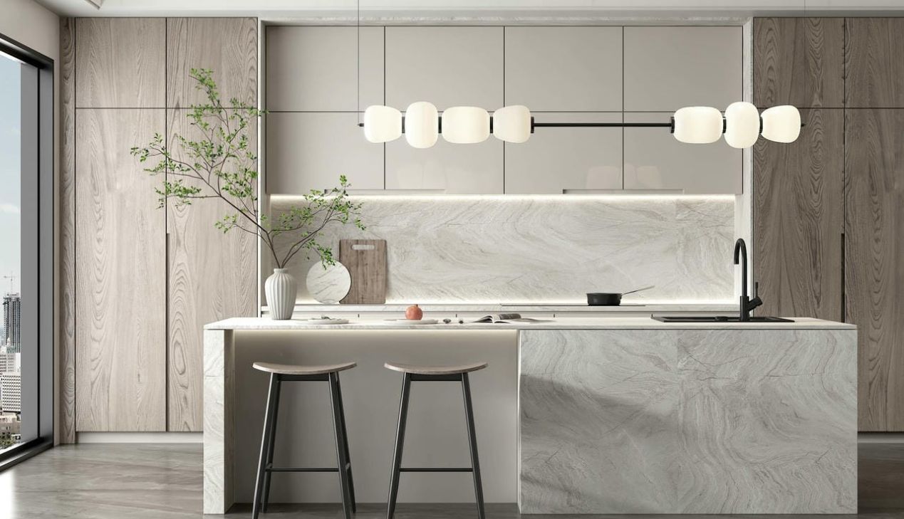 Tủ bếp khung inox cánh nhôm phối màu