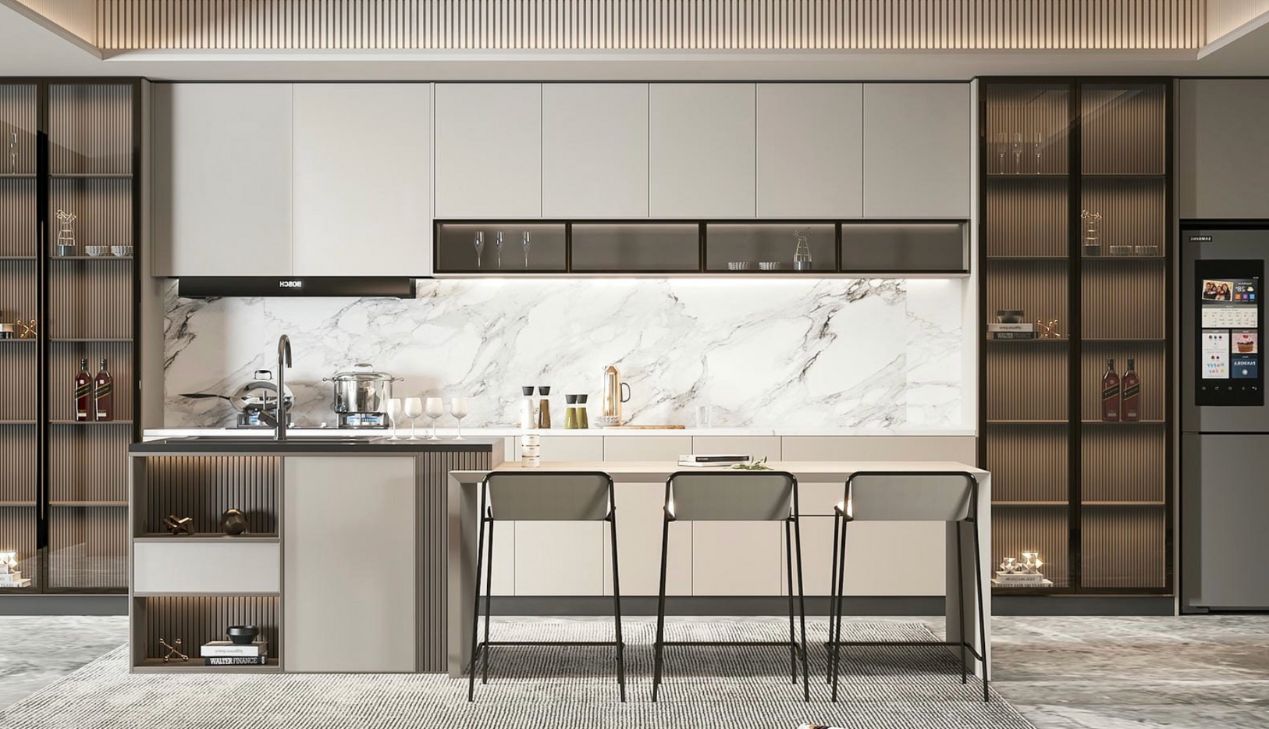 Tủ bếp khung inox gỗ công nghiệp