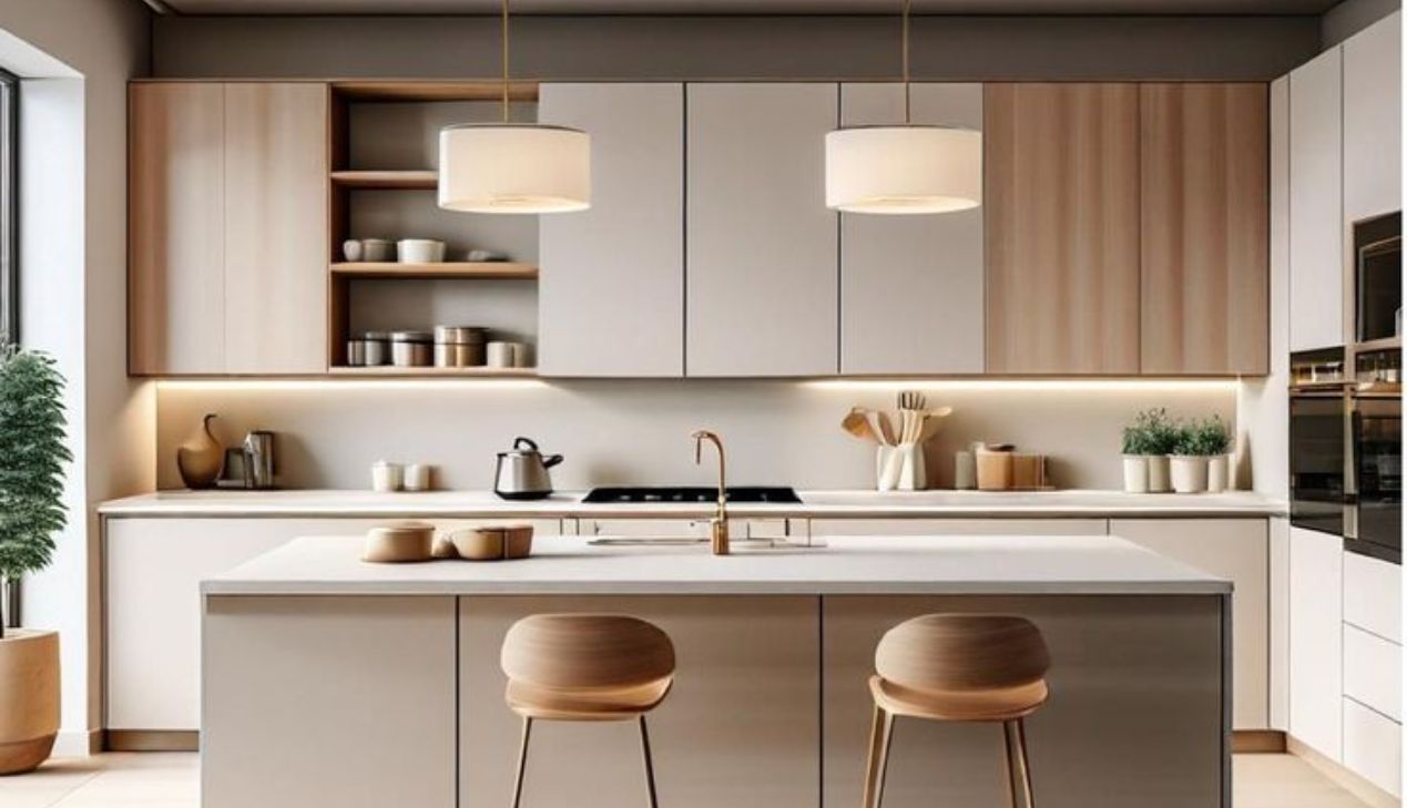 Tủ bếp khung inox gỗ óc chó sang trọng