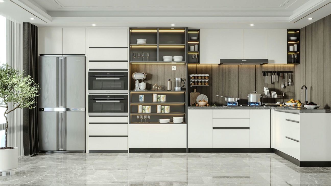 Tủ bếp kính inox âm tường tiết kiệm diện tích tối đa