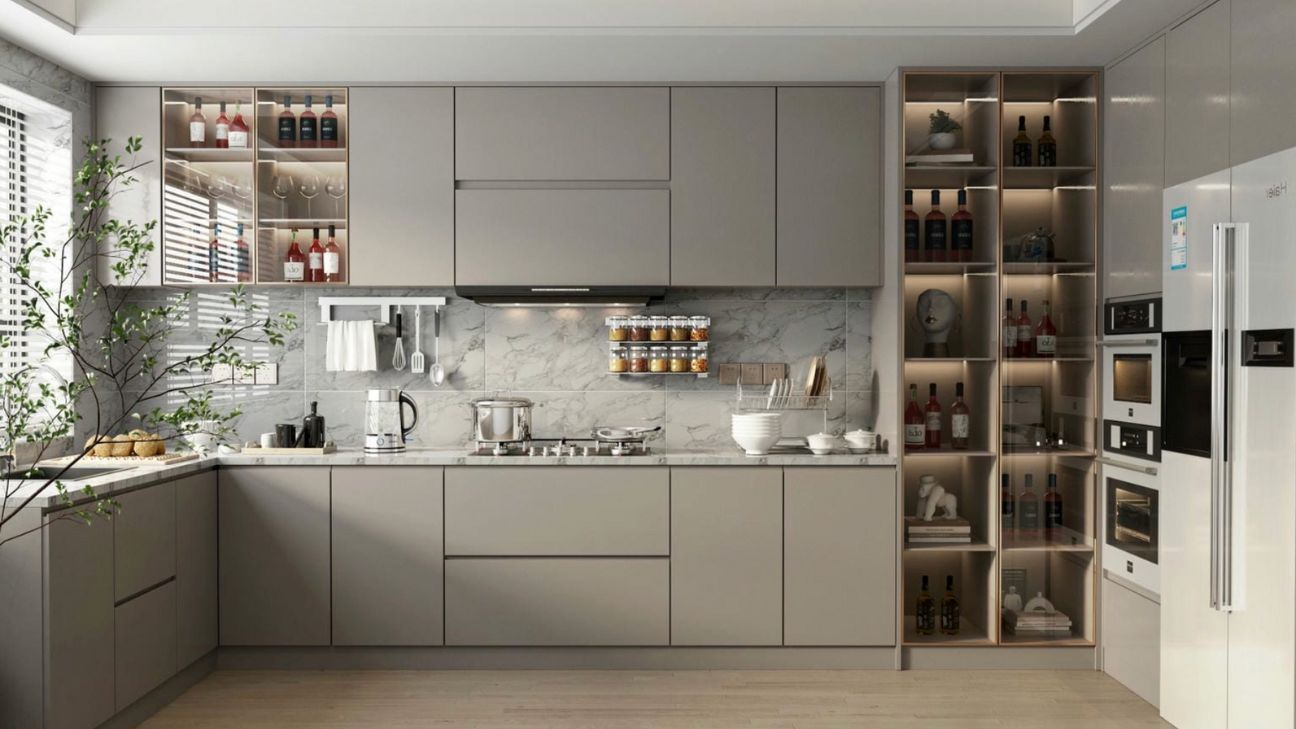 Tủ bếp kính inox chữ U hoàn hảo