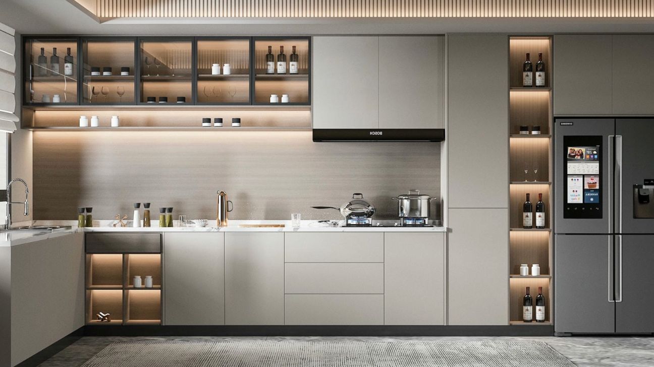 Tủ bếp kính inox màu nâu ấm sang trọng và ấm cúng