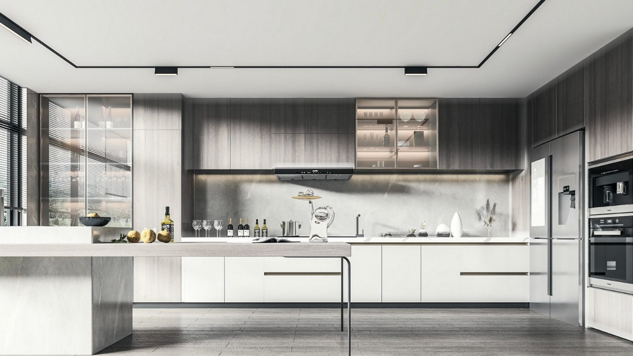 Tủ bếp laminate có cửa sổ tự nhiên Tủ bếp laminate có cửa sổ tự nhiên