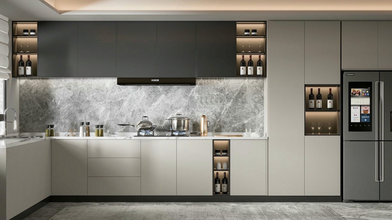 Tủ bếp laminate có kệ mở trang trí Tủ bếp laminate có kệ mở trang trí