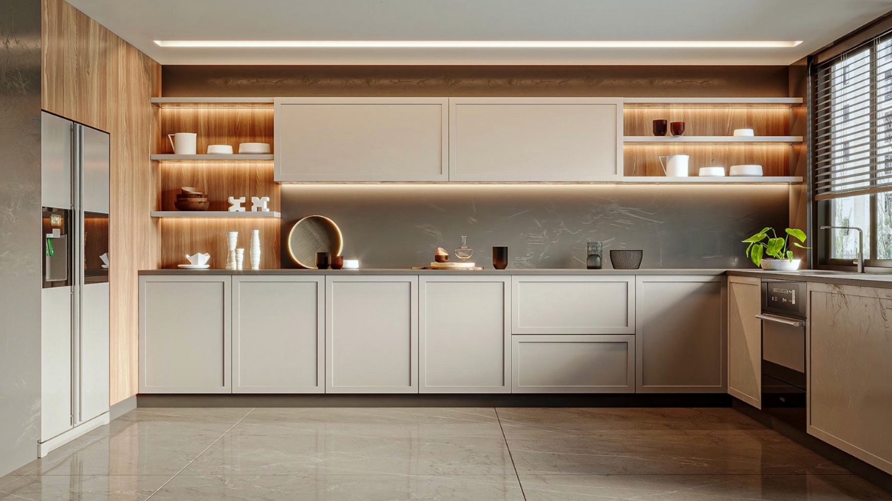 Tủ bếp laminate kết hợp LED hiện đại Tủ bếp laminate kết hợp LED hiện đại