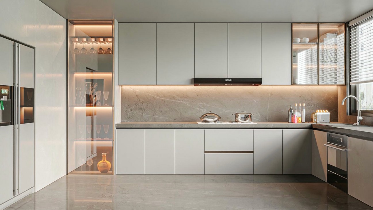 Tủ bếp laminate màu trắng bóng tinh khôi Tủ bếp laminate màu trắng bóng tinh khôi