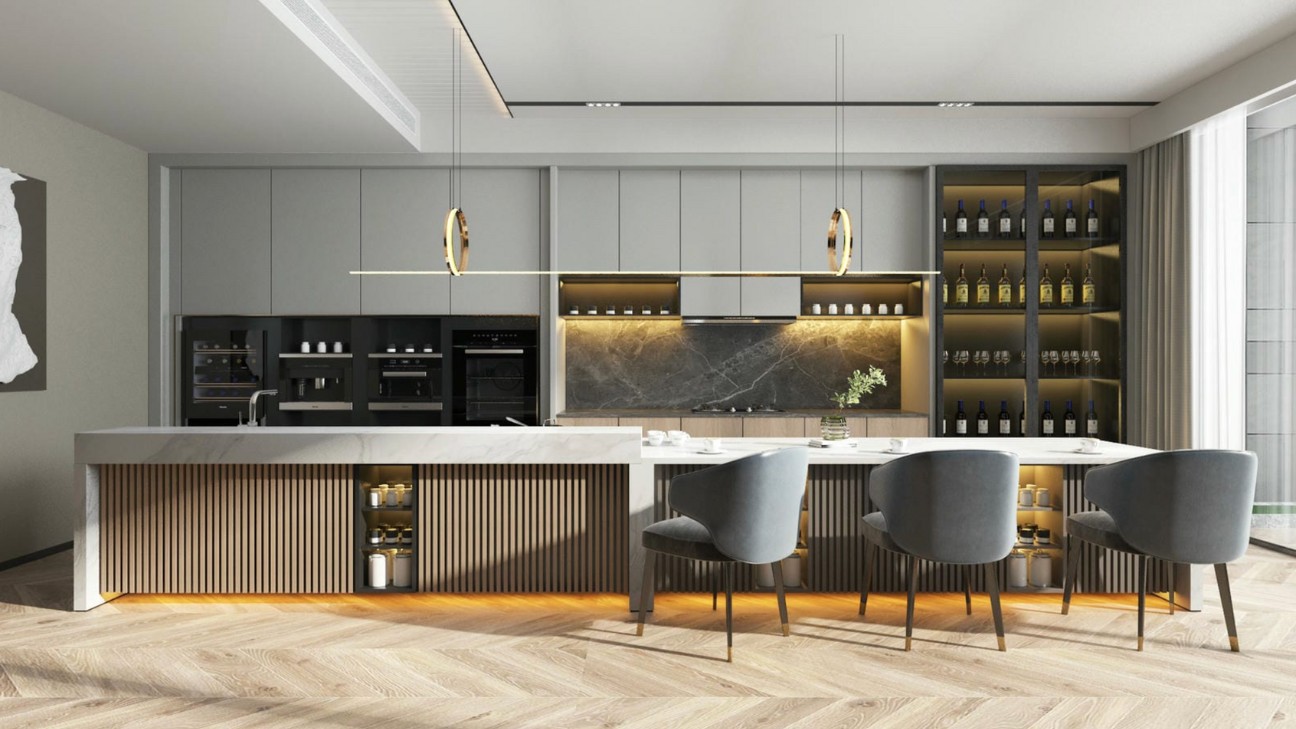 Tủ bếp laminate màu xám cá tính Tủ bếp laminate màu xám cá tính