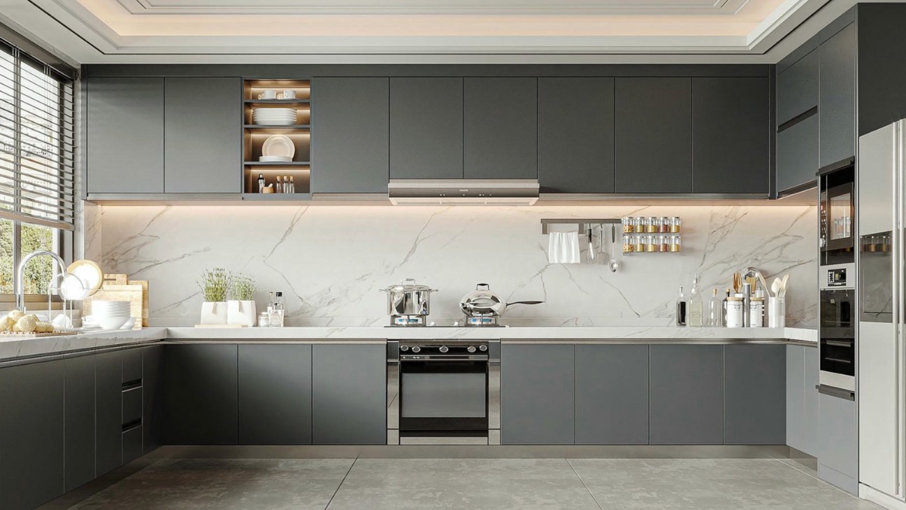 Tủ bếp laminate màu xám thanh lịch Tủ bếp laminate màu xám thanh lịch