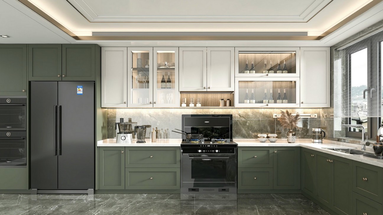 Tủ bếp laminate màu xanh rêu đặc sắc Tủ bếp laminate màu xanh rêu đặc sắc