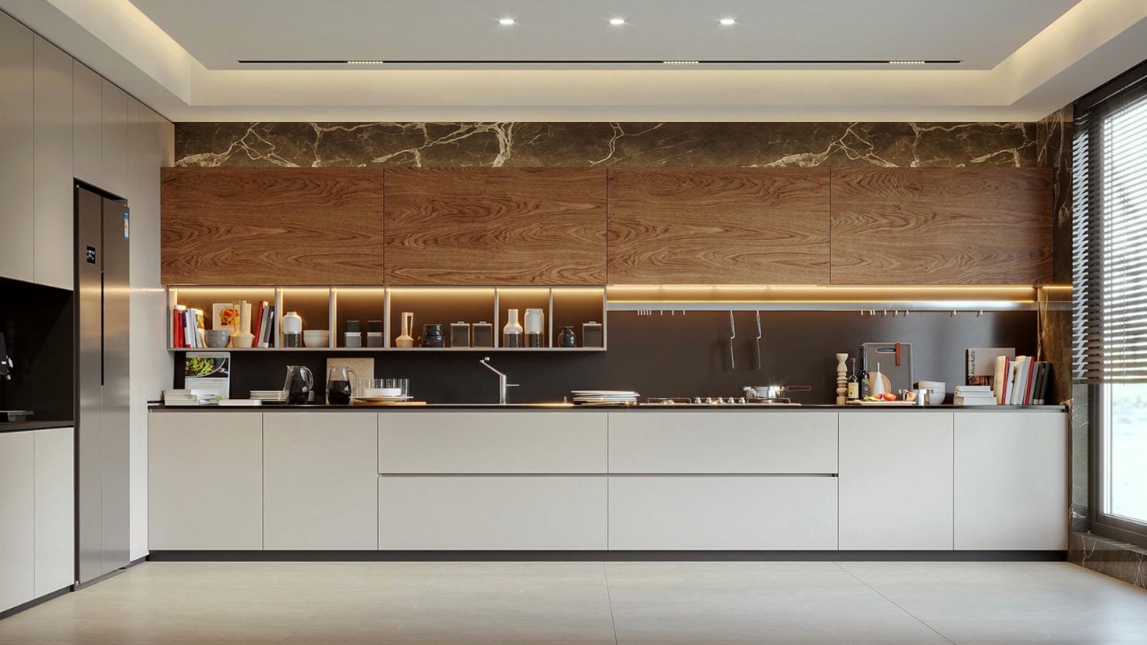 Tủ bếp laminate vân gỗ tự nhiên hiện đại Tủ bếp laminate vân gỗ tự nhiên hiện đại