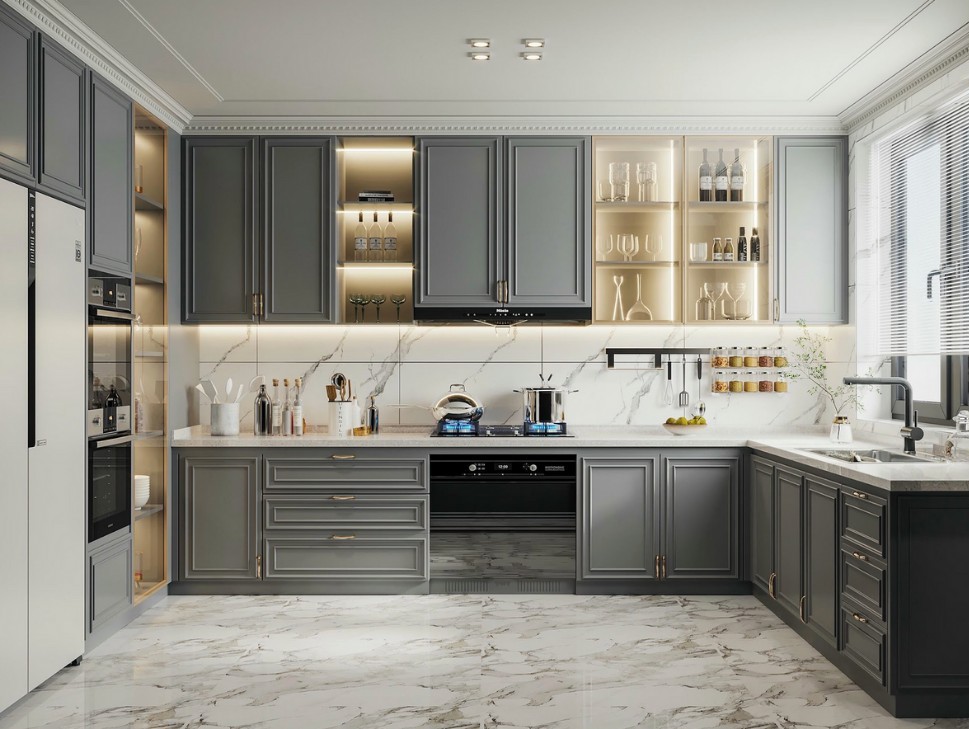 Tủ bếp laminate xám xi măng hiện đại Tủ bếp laminate xám xi măng hiện đại