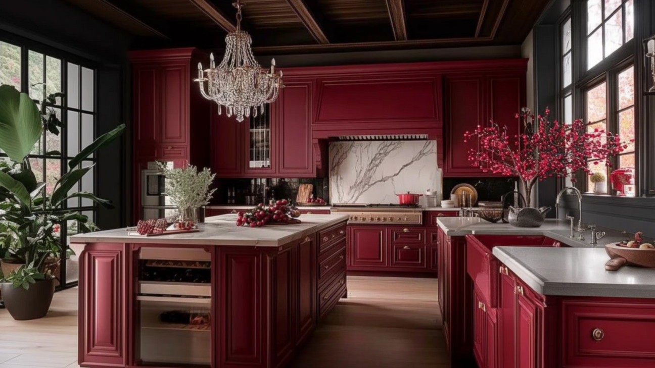 Tủ bếp màu đỏ burgundy phong cách luxury