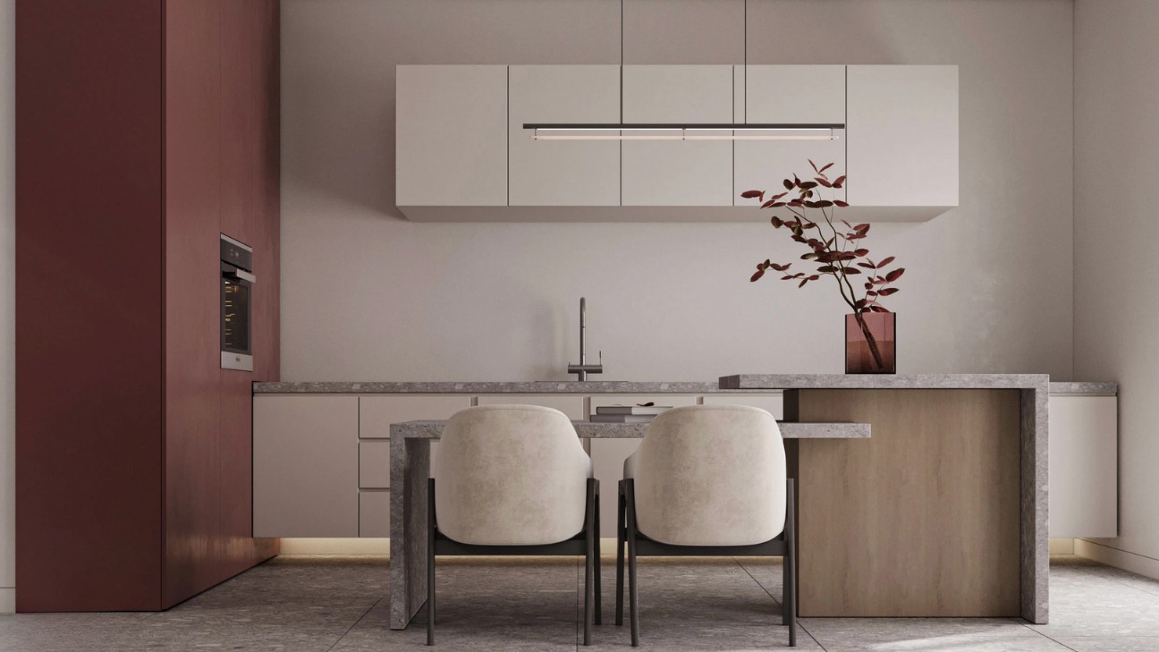 Tủ bếp màu đỏ có backsplash trắng