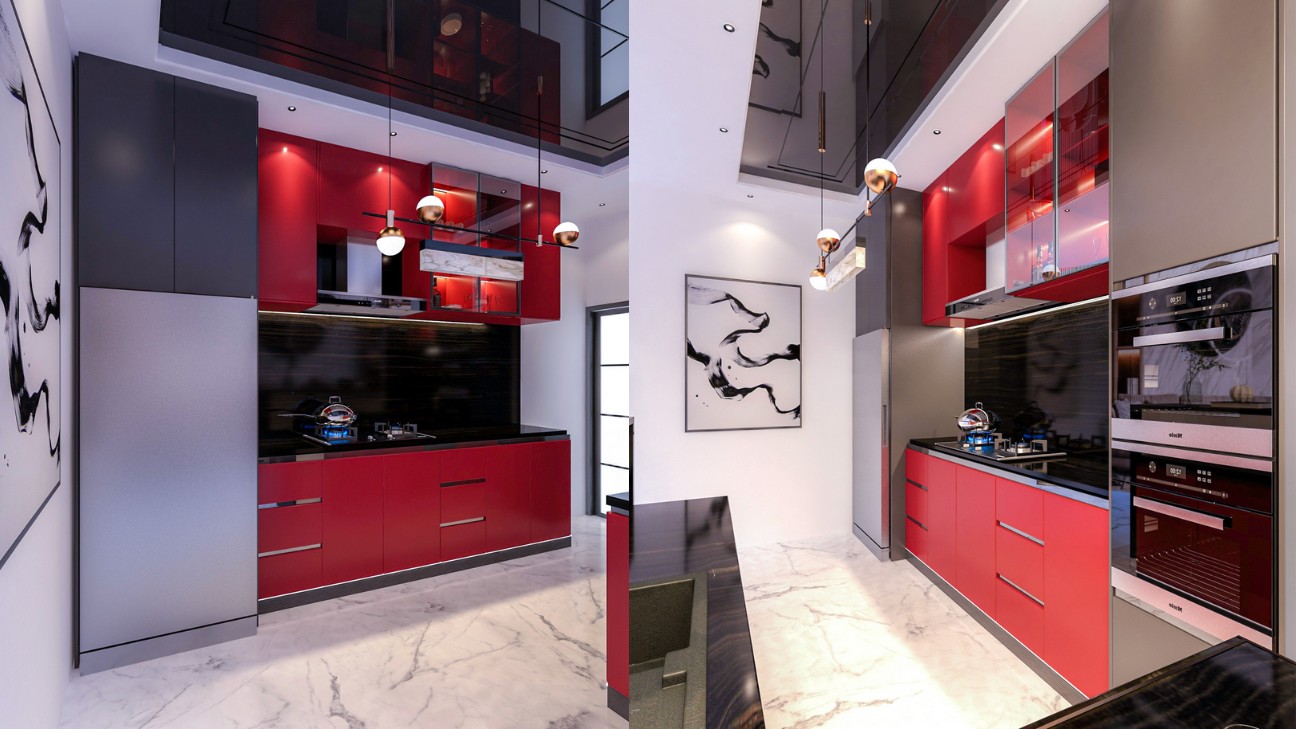 Tủ bếp màu đỏ với mặt đá granite đen