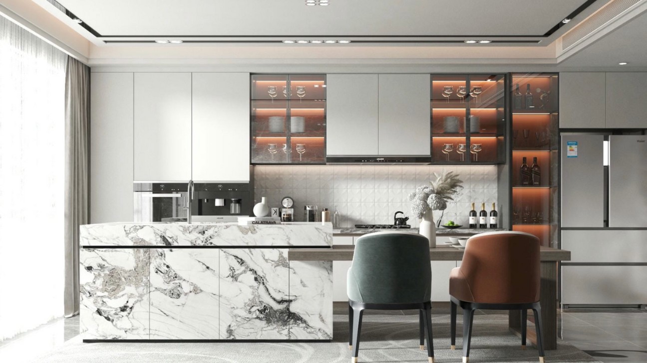 Tủ bếp màu trắng có mặt đá marble Tủ bếp màu trắng có mặt đá marble