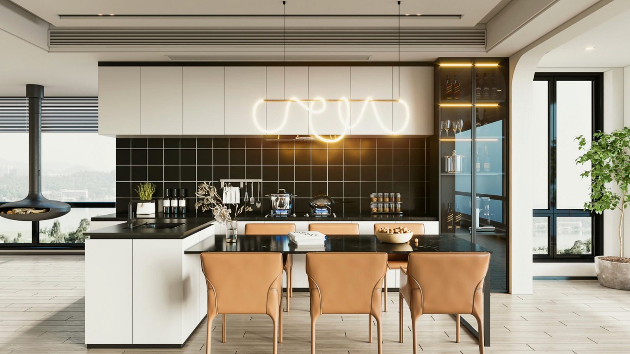 Tủ bếp màu trắng có quầy bar hiện đại Tủ bếp màu trắng có quầy bar hiện đại