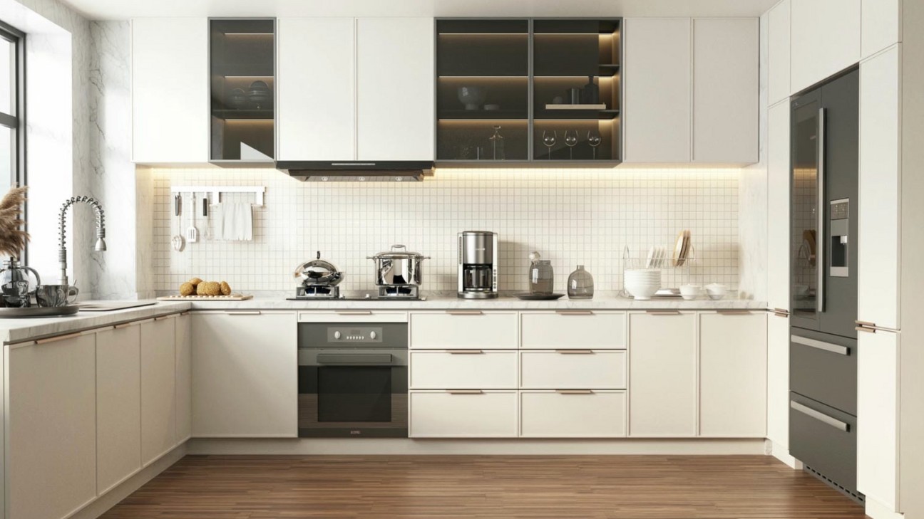 Tủ bếp màu trắng với backsplash subway Tủ bếp màu trắng với backsplash subway