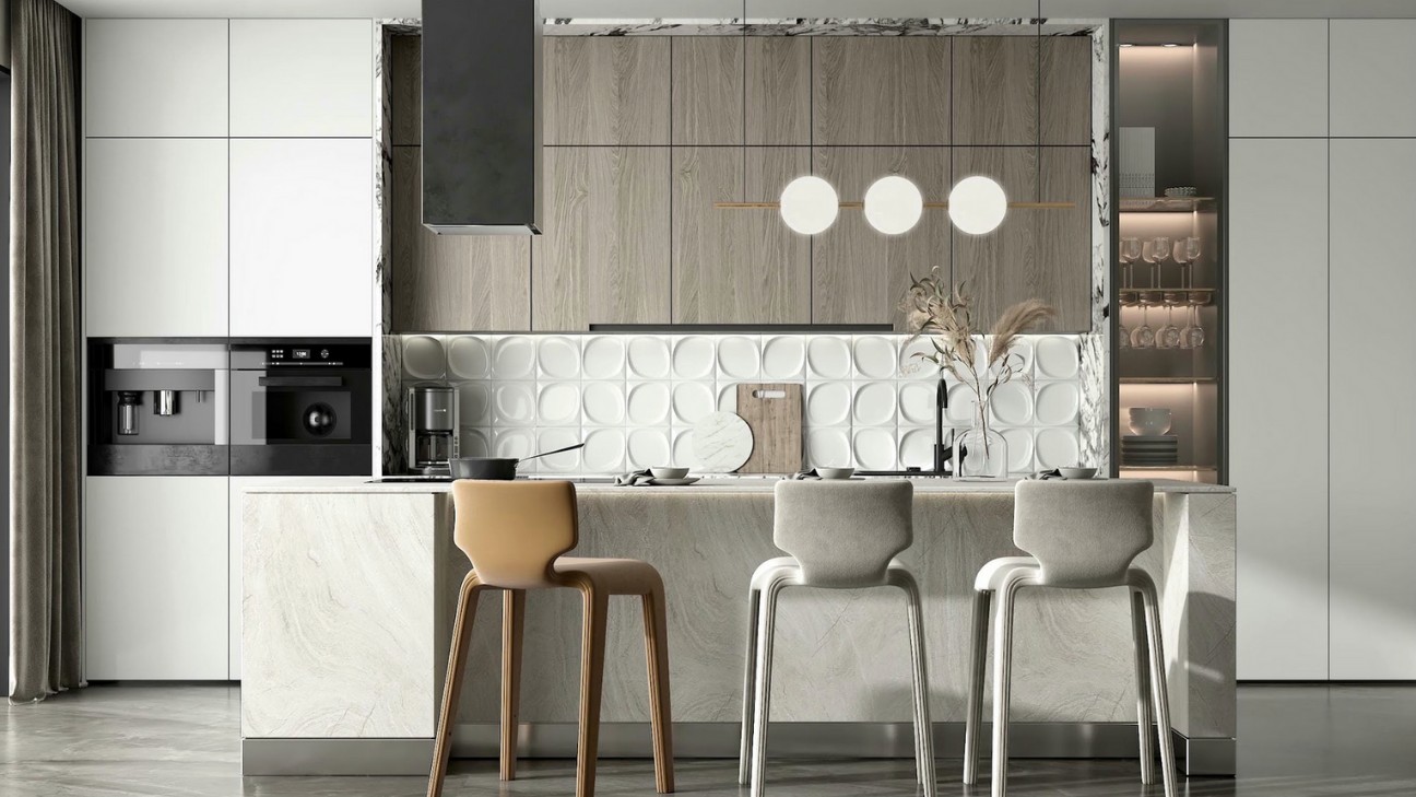 Tủ bếp màu trắng với mặt đá quartz Tủ bếp màu trắng với mặt đá quartz