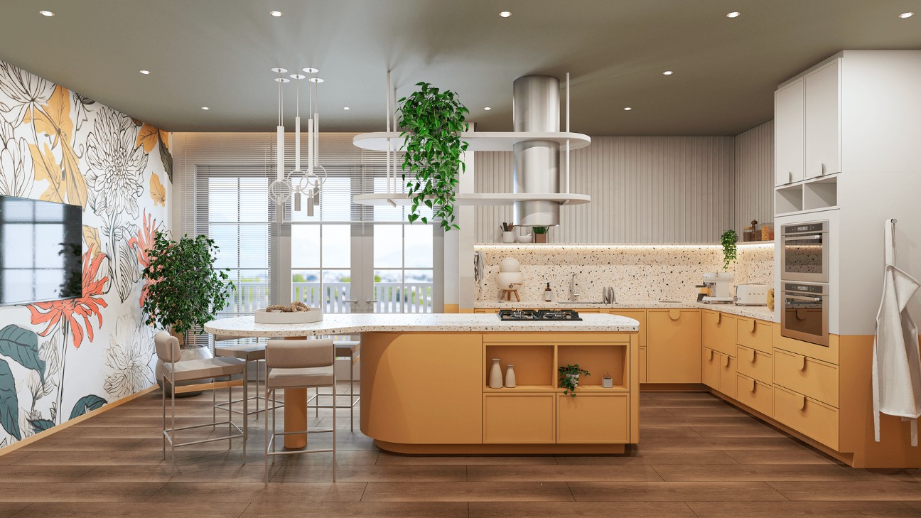Tủ bếp màu vàng có backsplash trắng Tủ bếp màu vàng có backsplash trắng