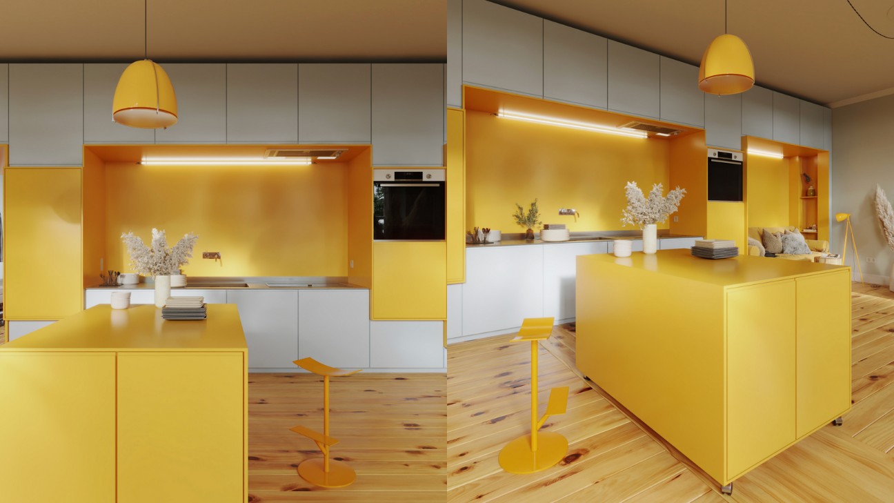 Tủ bếp màu vàng mustard cá tính mạnh mẽ Tủ bếp màu vàng mustard cá tính mạnh mẽ