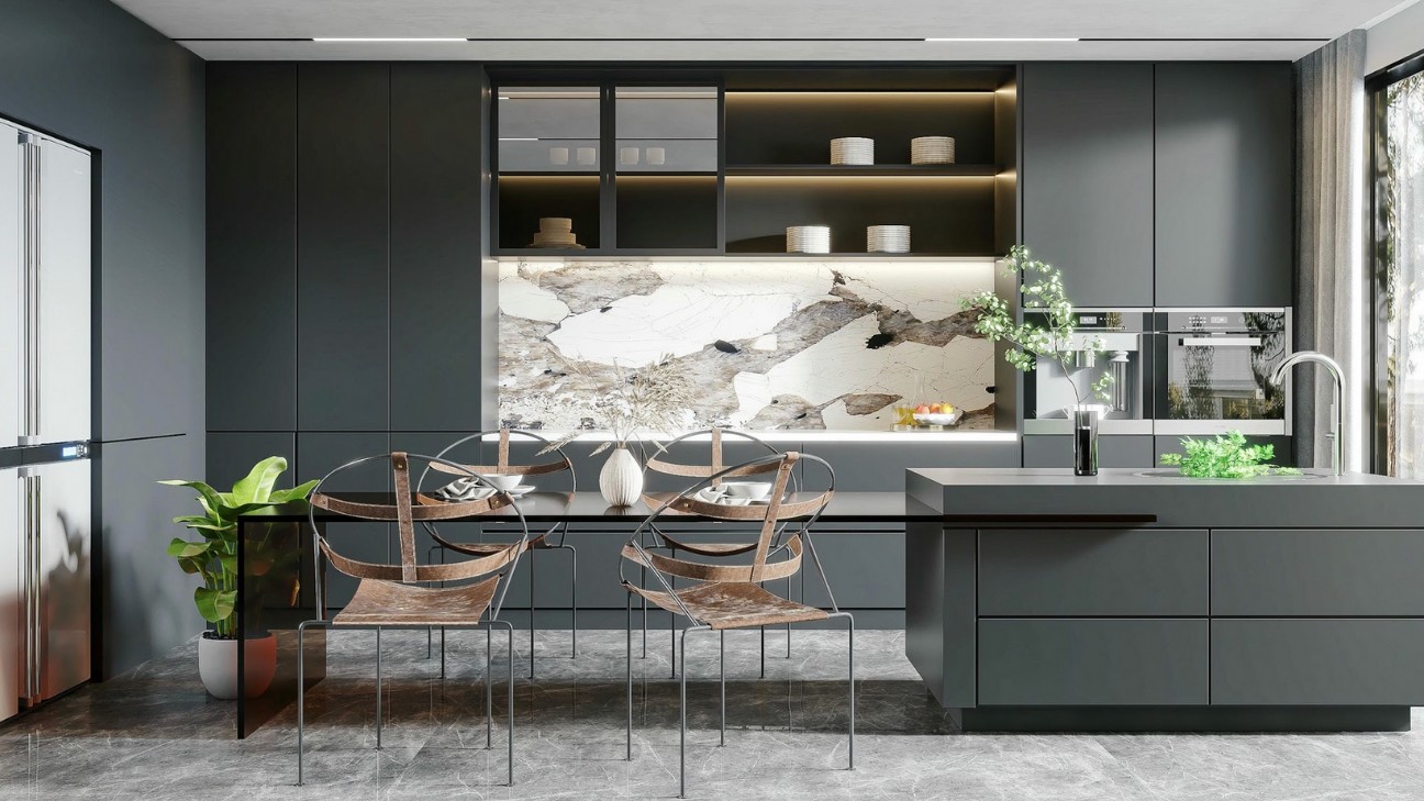 Tủ bếp màu xám có pantry lớn Tủ bếp màu xám có pantry lớn