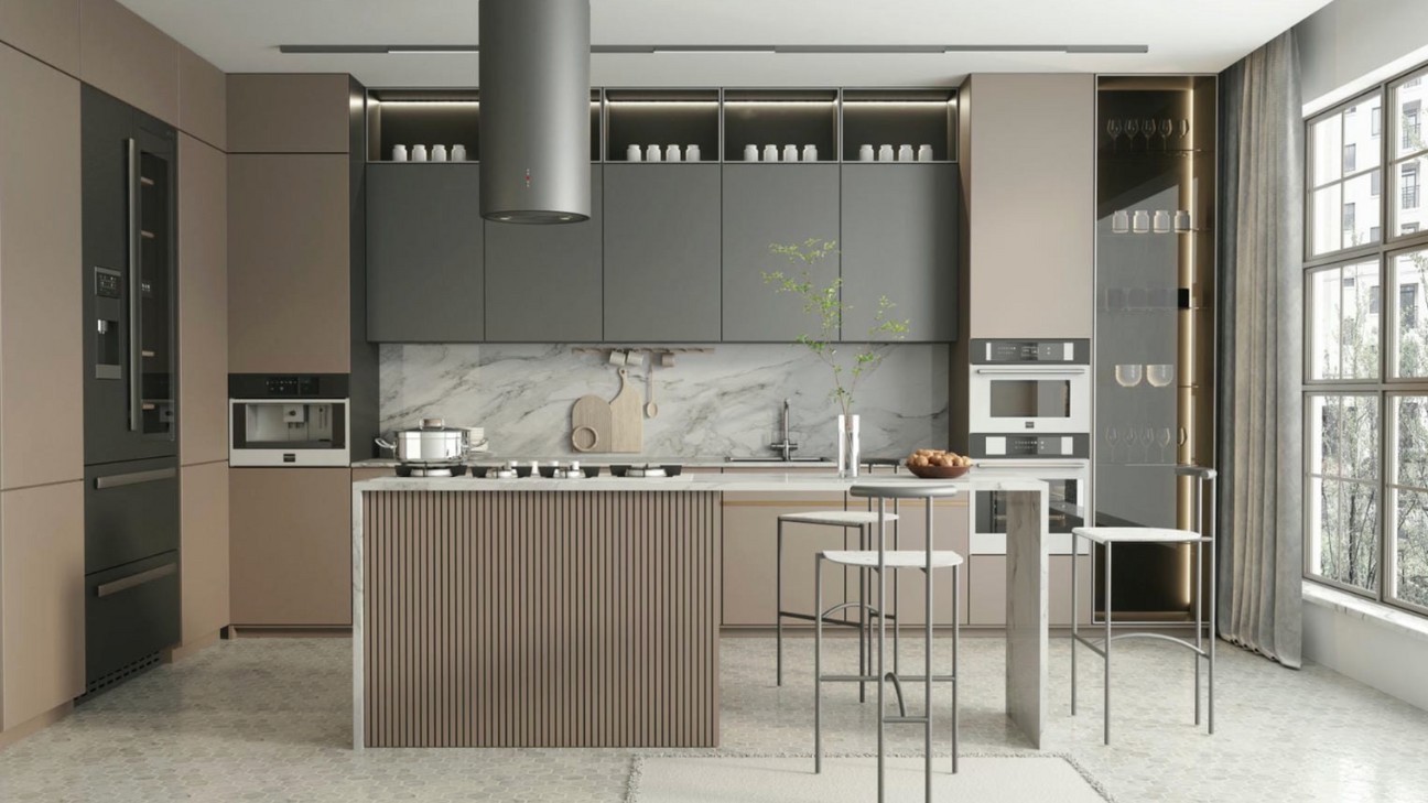 Tủ bếp màu xám có quầy bar hiện đại Tủ bếp màu xám có quầy bar hiện đại