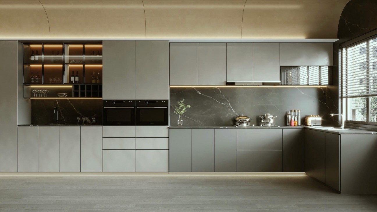 Tủ bếp màu xám phong cách minimalist Tủ bếp màu xám phong cách minimalist