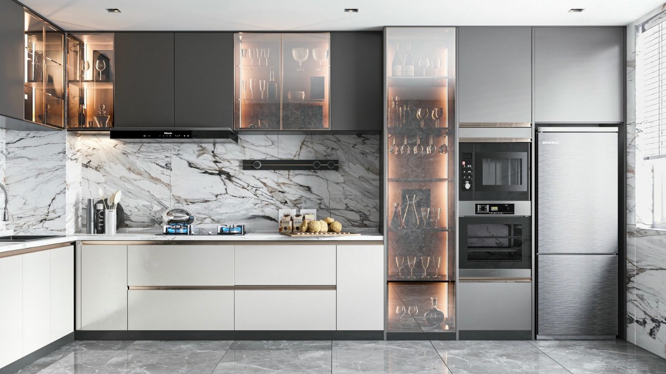 Tủ bếp màu xám với backsplash trắng Tủ bếp màu xám với backsplash trắng